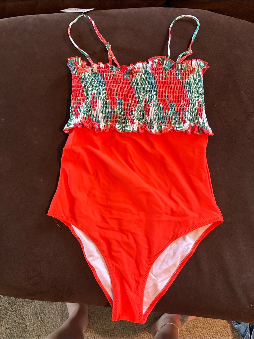 Cupshe Red One-Piece Swimsuit with Tropical Smocked Bodice